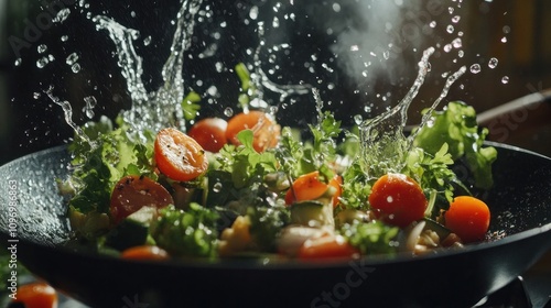 Fresh vegetables are being cooked in a wok with hot water splashing around them.