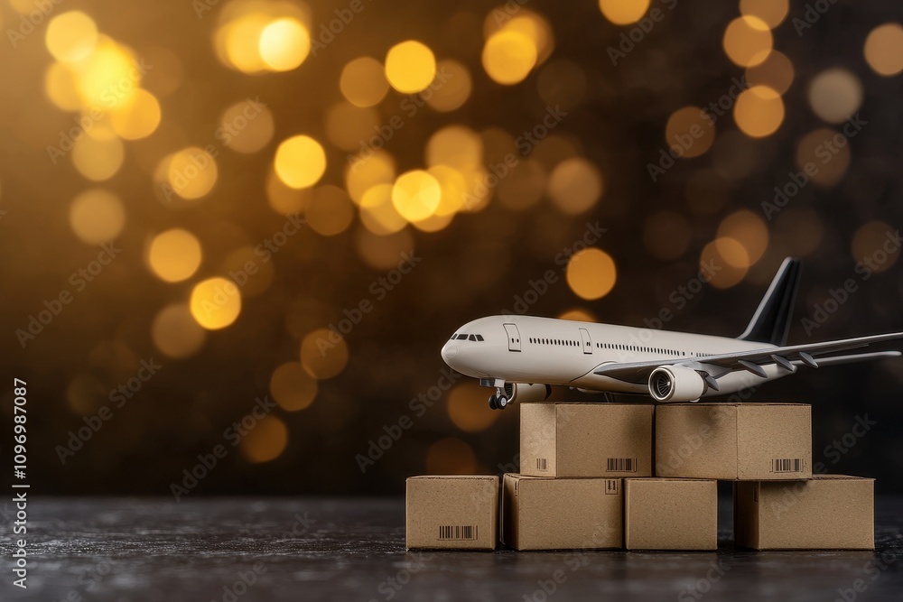 Obraz premium Miniature airplane model resting on stacked cardboard boxes with golden bokeh lights in the background