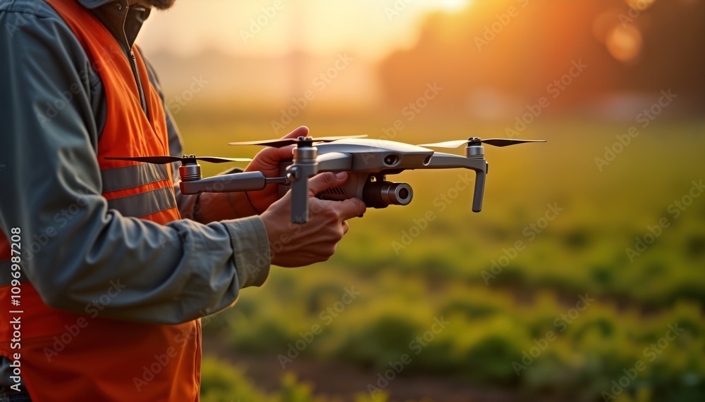 Fototapeta premium Farmer prepares drone for field spraying. Agricultural worker uses modern tech. Precision farming app. Safety gear. Drone automation. Smart agriculture concept. Digital farming tech. Future of