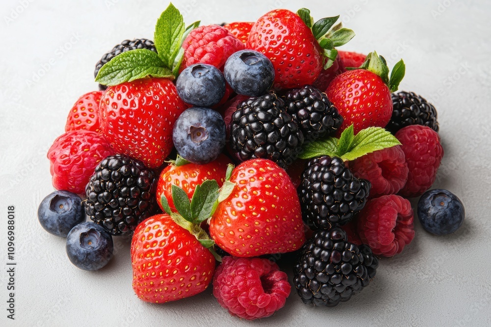 Fresh berries mix: strawberries, blueberries, raspberries and blackberries creating a colorful pile Fresh berries mix: strawberries, blueberries, raspberries and blackberries creating a colorful pile