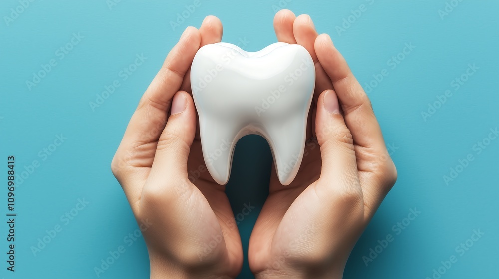 Obraz premium Envisioning Perfect Oral Health, 青い背景に手で持たれた理想の歯.Generative AI