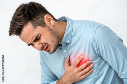 Man suffering from chest pain touching heart area