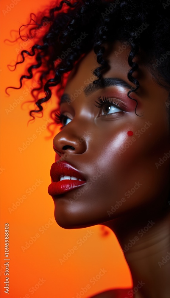 Closeup side profile of young Black woman model. Red lipstick orange background. Cosmetics studio photography. Social media marketing backdrop. Space for text. Beauty face fashion hair makeup glamour. Closeup side profile of young Black woman model. Red lipstick orange background. Cosmetics studio photography. Social media marketing backdrop. Space for text. Beauty face fashion hair makeup glamour.