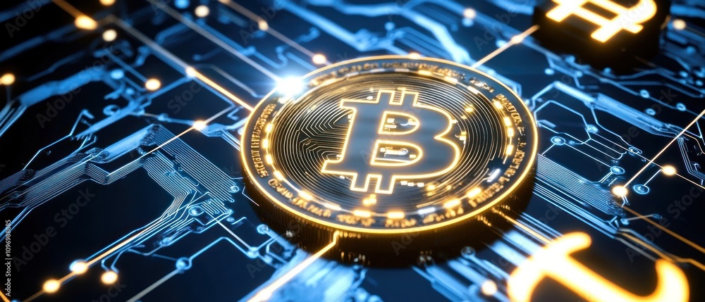 A digital representation of Bitcoin on a circuit board background. A digital representation of Bitcoin on a circuit board background.