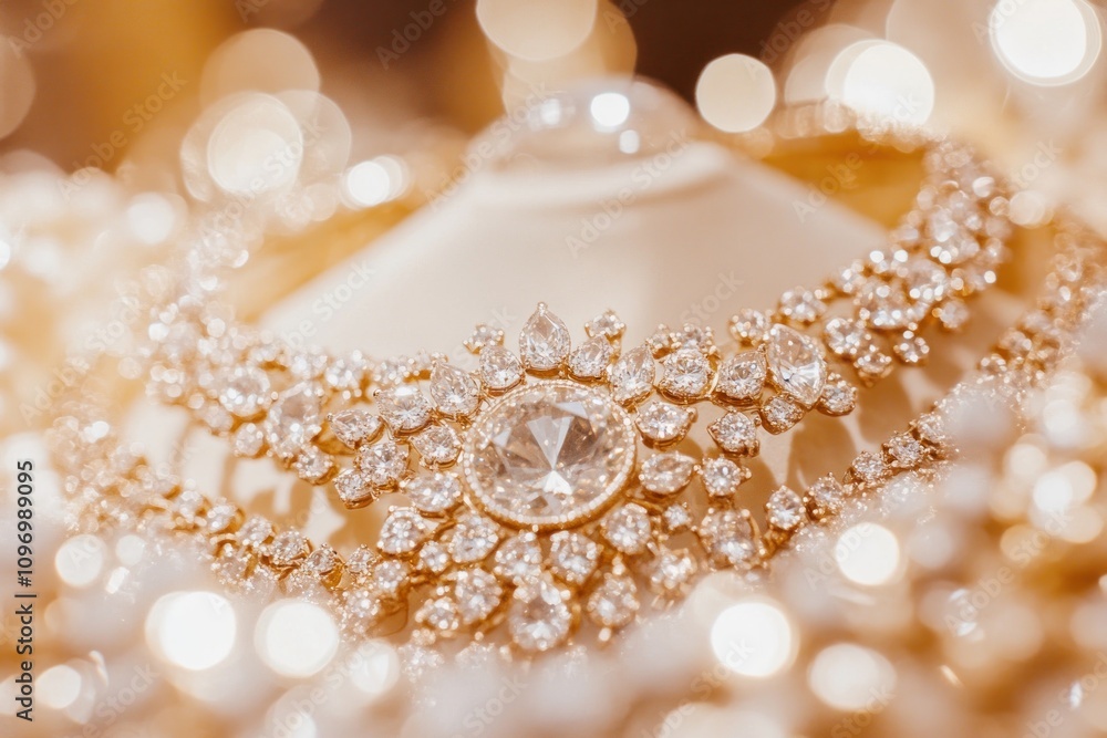 A close-up of an ornate jewelry piece featuring sparkling diamonds and intricate design. A close-up of an ornate jewelry piece featuring sparkling diamonds and intricate design.
