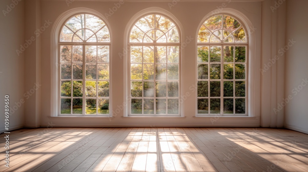Bright, airy room with three large arched windows showcasing a lush garden view. Bright, airy room with three large arched windows showcasing a lush garden view.