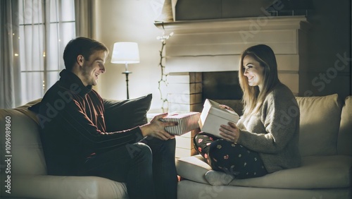 Couple Exchanging Gifts on Christmas Morning