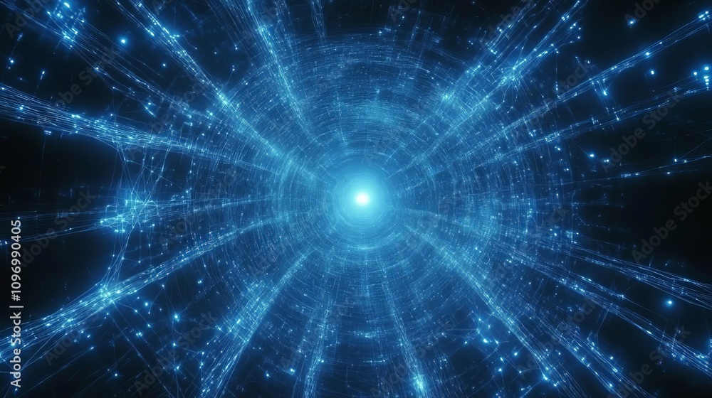 A captivating abstract representation of a glowing blue tunnel of light, symbolizing advanced technology and digital innovation in a futuristic setting. A captivating abstract representation of a glowing blue tunnel of light, symbolizing advanced technology and digital innovation in a futuristic setting.