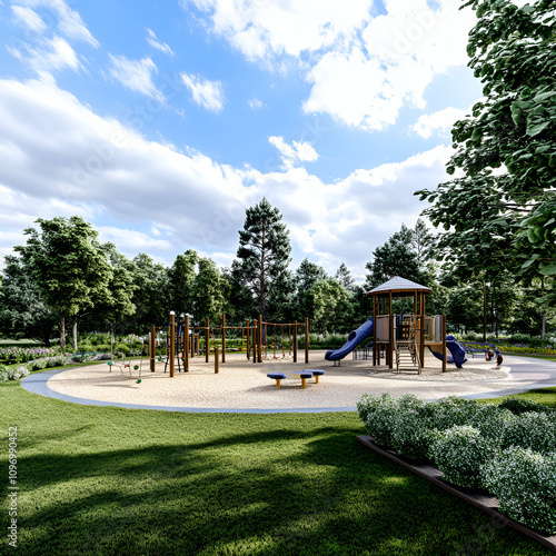 Modern playground in a park setting, bright sky and greenery, recreational area with copy space
 photo