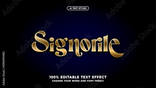 Signorile: Gold text styles. Futuristic golden font effect with polished metallic letters. Ideal for high-tech logos, captivating headlines, and cosmic typography. 