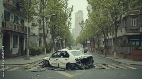 White wrecked car sitting in the middle of a city street