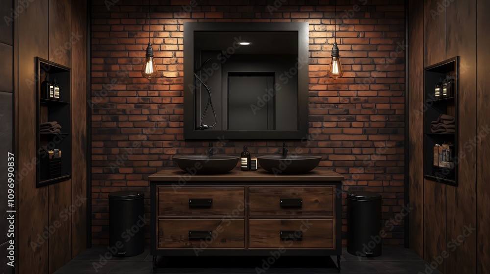 Industrial style bathroom showing exposed brick walls and wooden vanity Industrial style bathroom showing exposed brick walls and wooden vanity