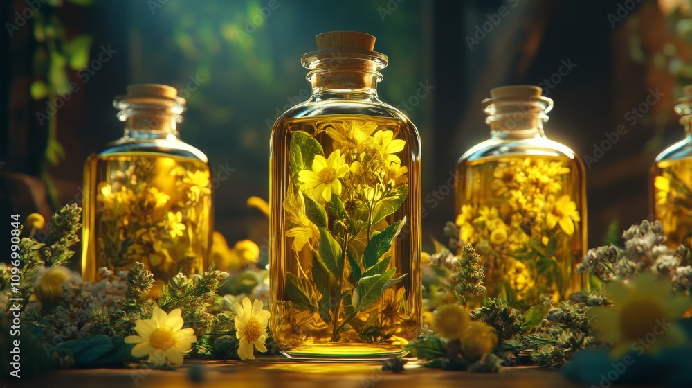 Golden Herbal Oil Bottles With Yellow Flowers Golden Herbal Oil Bottles With Yellow Flowers