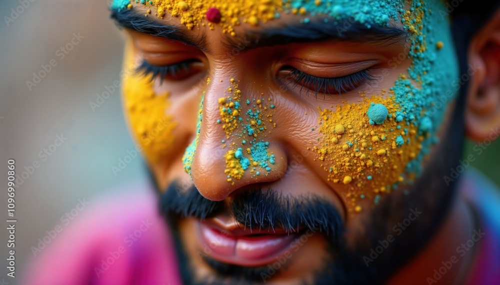 Macro shot of Indian man face. Golden and teal Holi powder texture. Man has moustache. Spring festival vibrant colours. Indian culture tradition. Festive celebration. Detailed portrait. Macro shot of Indian man face. Golden and teal Holi powder texture. Man has moustache. Spring festival vibrant colours. Indian culture tradition. Festive celebration. Detailed portrait.