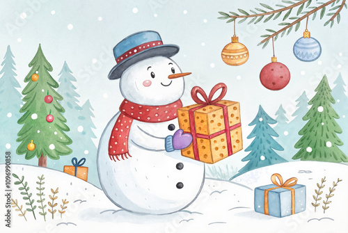 Snowman holding gift in snowy forest 