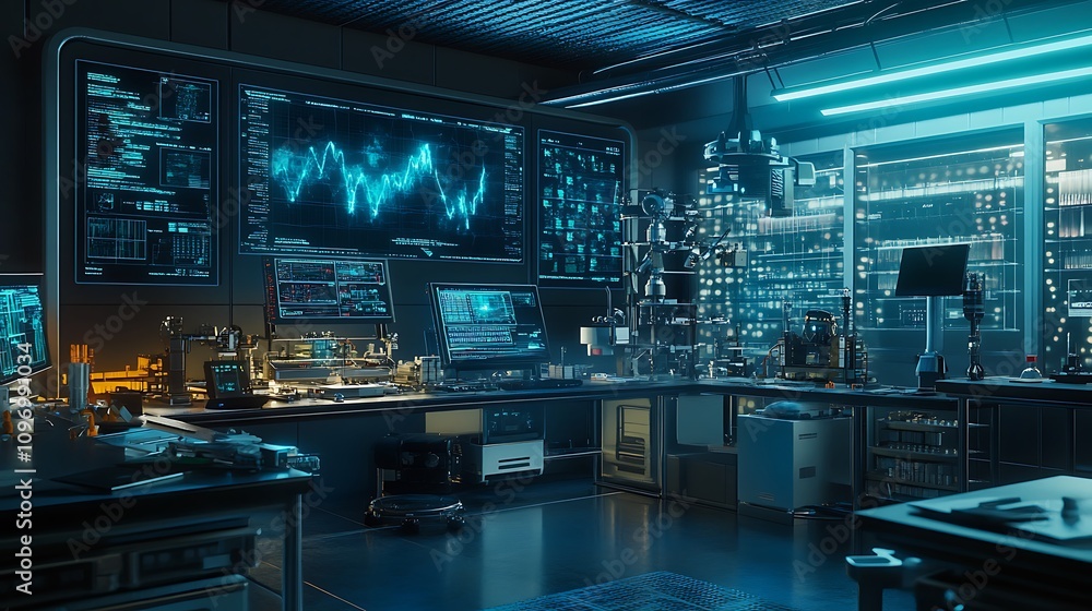 A futuristic physics lab with digital simulations of the interactions between fundamental particles and forces - A futuristic physics lab with digital simulations of the interactions between fundamental particles and forces -