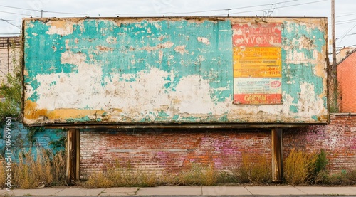 A weathered billboard with peeling paint and faded advertisements in an urban setting. photo