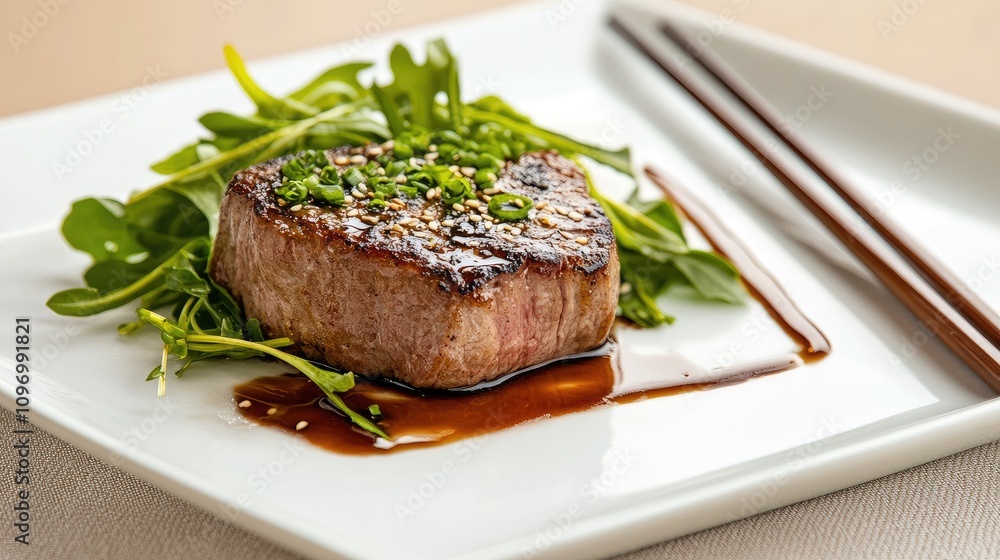Gourmet Beef Steak on a Bed of Fresh Greens with Drizzle of Sauce and Elegant Presentation Using Chopsticks in a Fine Dining Setting Gourmet Beef Steak on a Bed of Fresh Greens with Drizzle of Sauce and Elegant Presentation Using Chopsticks in a Fine Dining Setting