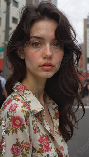 Natural portrait of a young woman with wavy hair in a floral shirt against an urban background