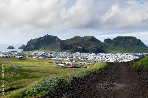 Heimaey town aerial view from Eldfell volcano, Iceland on Westman Islands photo