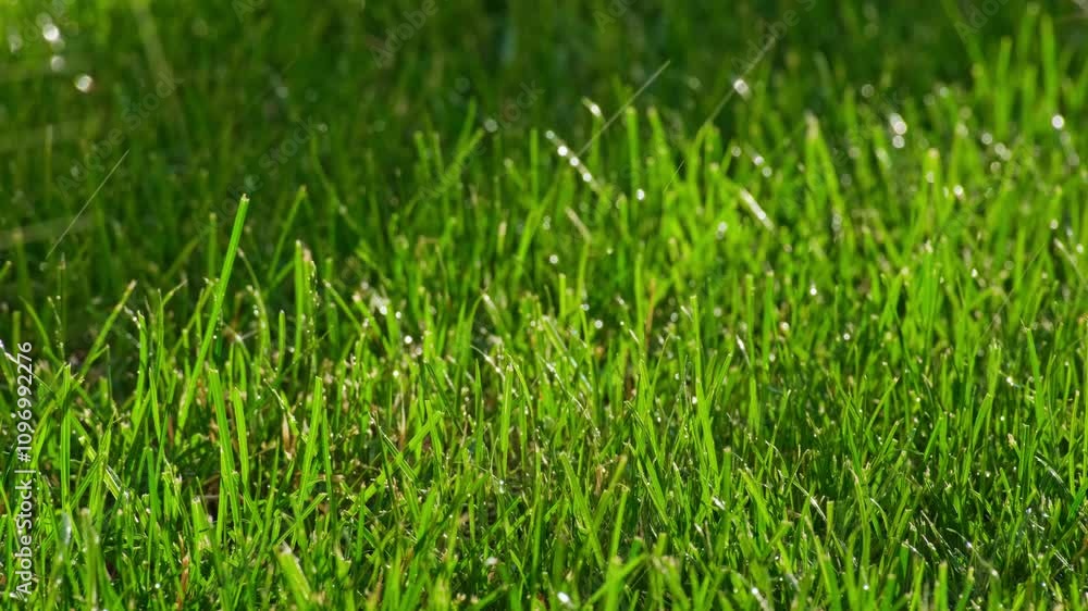 Close-Up of Green Grass with Water Droplets from Rain or Sprinkling. Lush Green Lawn with Droplets from Rain or Irrigation. Young Grass in Rain or Automatic Sprinkler Spray Close-Up of Green Grass with Water Droplets from Rain or Sprinkling. Lush Green Lawn with Droplets from Rain or Irrigation. Young Grass in Rain or Automatic Sprinkler Spray
