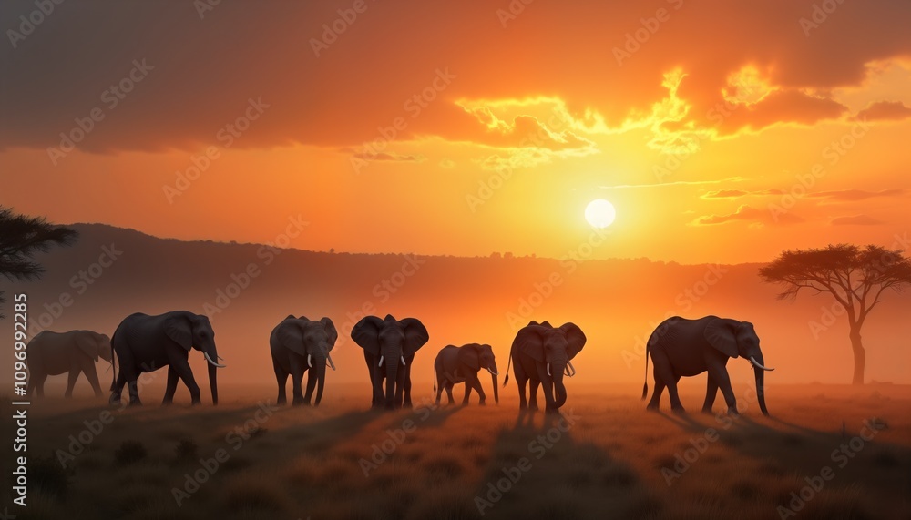 Fototapeta premium Elephant herd walks savannah sunset. African wildlife safari. Misty landscape. Tranquil nature scene. Animals travel grassland. Giant mammals. Earth beauty. Peaceful serene scene. Wild animals