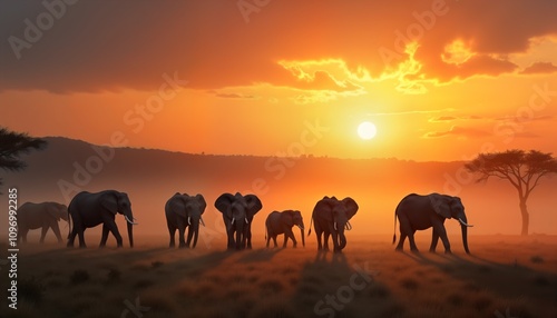 Elephant herd walks savannah sunset. African wildlife safari. Misty landscape. Tranquil nature scene. Animals travel grassland. Giant mammals. Earth beauty. Peaceful serene scene. Wild animals photo