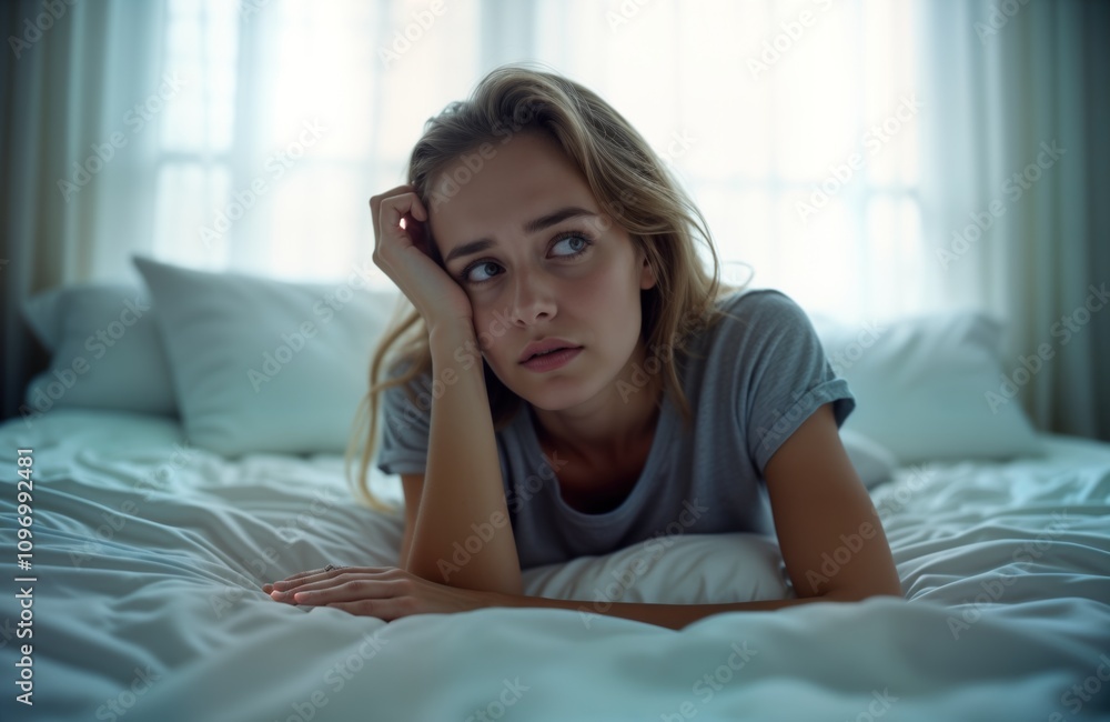 Unhappy young woman lies in bed feeling depressed. She looks stressed and unwell. Mental health issues. Woman suffers pain discomfort. Female shows upset emotion. Health problem concept. Unhappy young woman lies in bed feeling depressed. She looks stressed and unwell. Mental health issues. Woman suffers pain discomfort. Female shows upset emotion. Health problem concept.