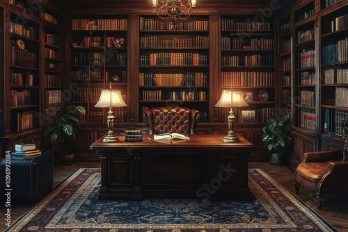 classic law office exuding warmth with leather-bound books, an ornate desk lamp casting a soft glow on dark wood walls, encapsulating a sense of history, knowledge, and professionalism