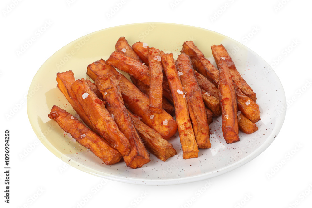 Delicious sweet potato fries isolated on white Delicious sweet potato fries isolated on white