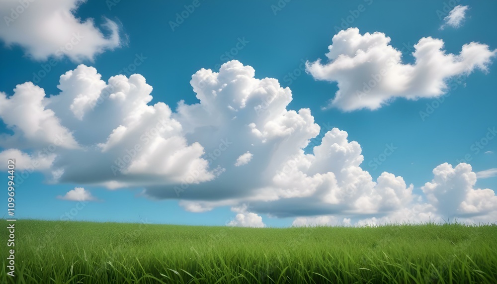 Fototapeta premium Campo de hierba verde con un cielo azul claro y nubes blancas esponjosas