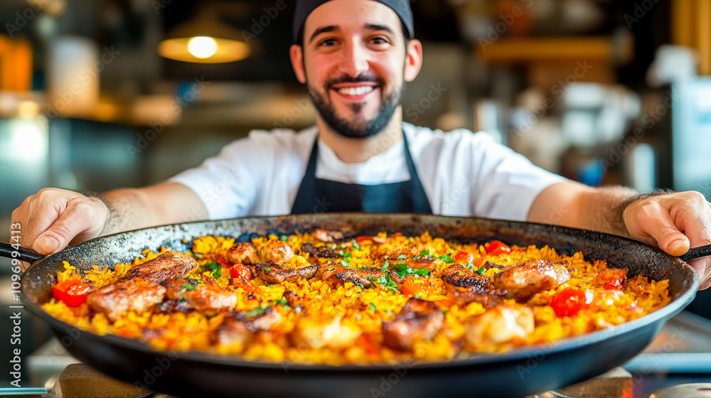Celebrating Paella Day with a chef showcasing a large, vibrant pan of traditional Spanish paella Celebrating Paella Day with a chef showcasing a large, vibrant pan of traditional Spanish paella