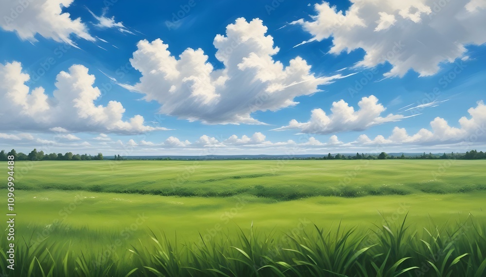 Campo de hierba verde con un cielo azul claro y nubes blancas esponjosas Campo de hierba verde con un cielo azul claro y nubes blancas esponjosas