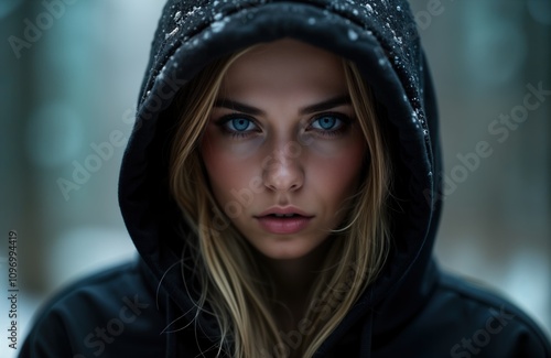 Woman blue eyes hooded portrait. Female model serious face fashion style. Close up head shot. Studio photography. Winter clothing. Girl mysterious look. Beauty headshot.