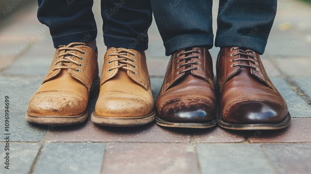 Stylish Footwear on Cobblestone Street: A Close-Up of Two Pairs of Dress Shoes Showcasing Unique Designs and Textures in a Natural Outdoor Setting Stylish Footwear on Cobblestone Street: A Close-Up of Two Pairs of Dress Shoes Showcasing Unique Designs and Textures in a Natural Outdoor Setting