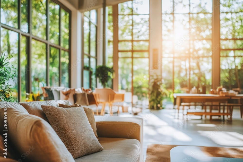 Bright, modern living space with large windows and a cozy sofa, emphasizing nature and comfort. Bright, modern living space with large windows and a cozy sofa, emphasizing nature and comfort.