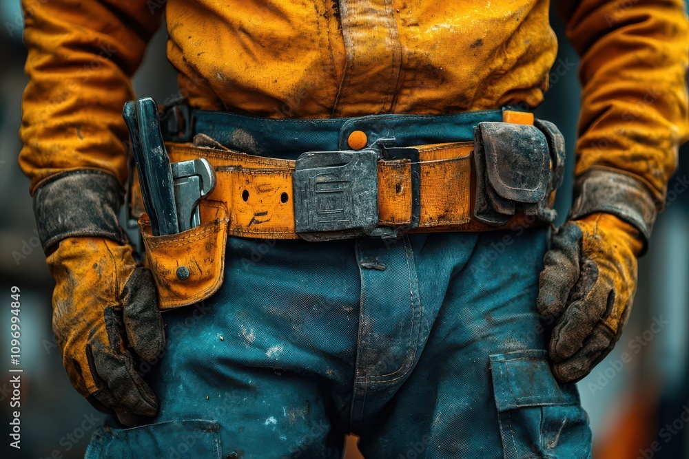close-up of a construction worker equipped with tools on a belt, showcasing dedication and craftsmanship in a practical work environment filled with equipment and building materials close-up of a construction worker equipped with tools on a belt, showcasing dedication and craftsmanship in a practical work environment filled with equipment and building materials