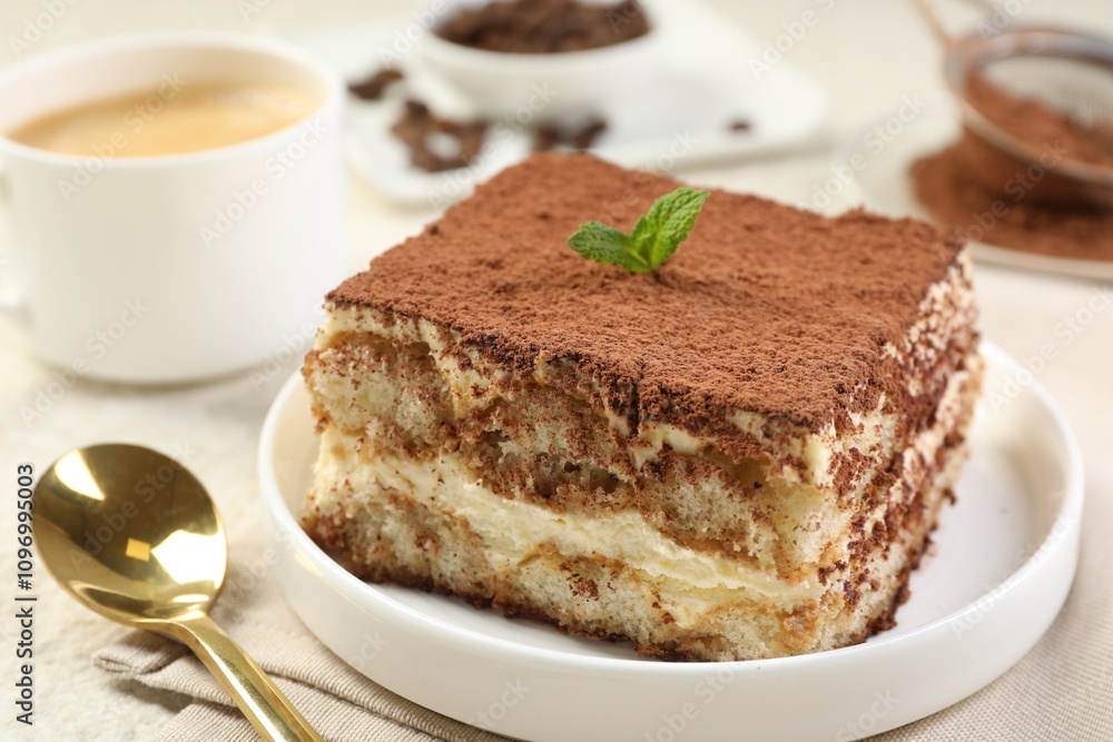 Delicious tiramisu with mint on light table, closeup Delicious tiramisu with mint on light table, closeup