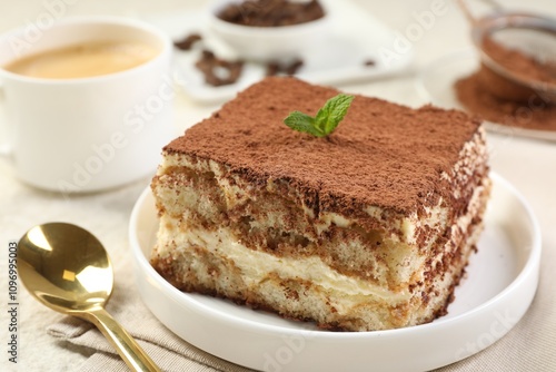 Delicious tiramisu with mint on light table, closeup