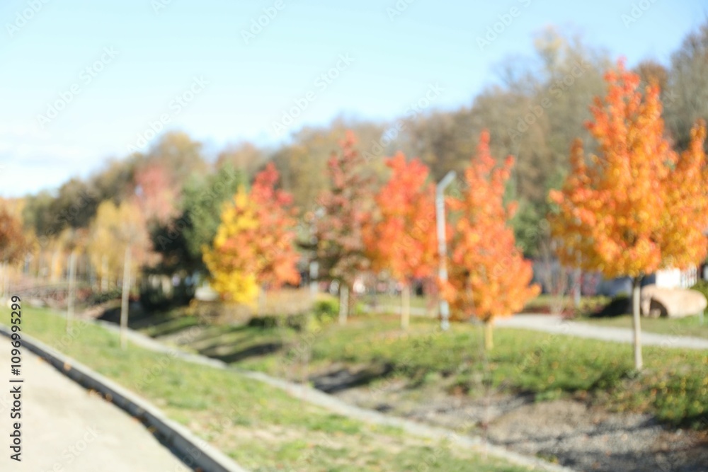Naklejka premium Blurred view of beautiful autumnal park with pathway