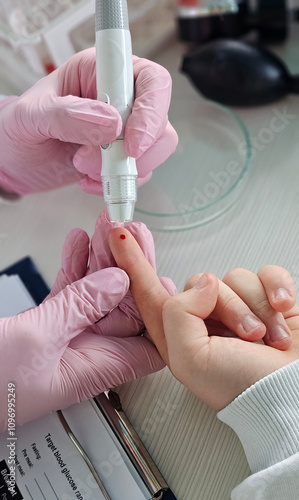 The doctor gently pricks the patient's finger with a sterile device to draw blood for testing photo