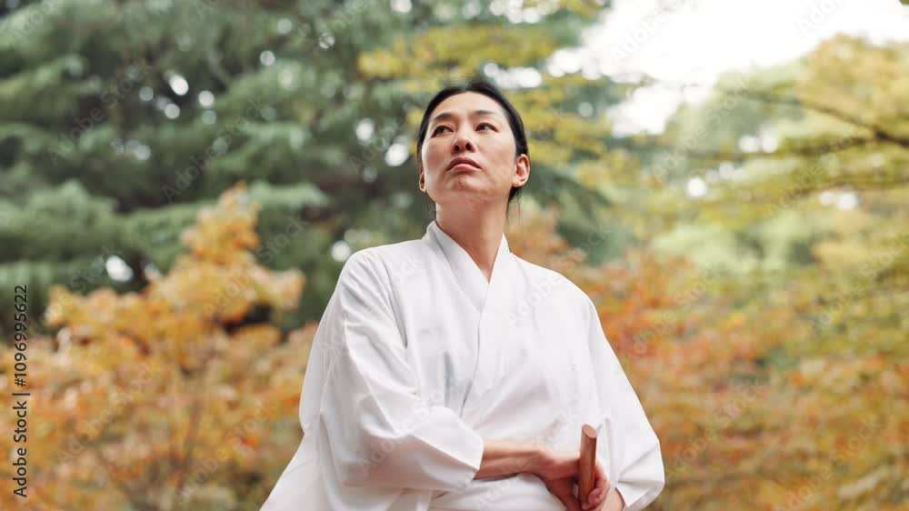 Kenjutsu, thinking and Japanese woman in park for training, martial arts reflection and warrior challenge. Vision, self defense and calm with person and sword in nature for courage and traditional Kenjutsu, thinking and Japanese woman in park for training, martial arts reflection and warrior challenge. Vision, self defense and calm with person and sword in nature for courage and traditional