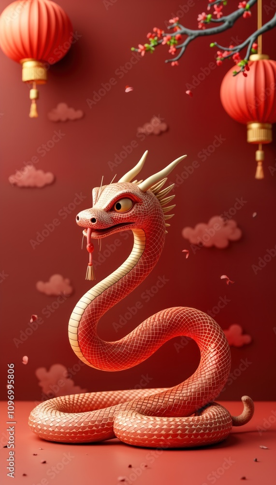 Fototapeta premium Red snake 3D render. 2025 Chinese New Year zodiac symbol. Lunar new year festive design. Asian culture celebration graphic. Holiday greeting card template. Wealth prosperity lucky charm. Oriental art