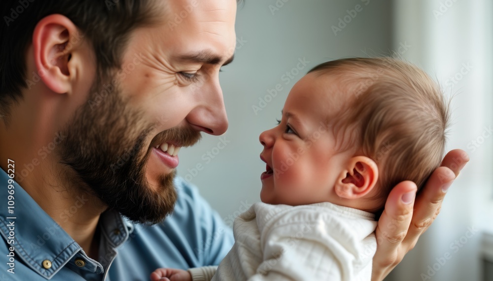 Happy father holds his baby boy. Dad smiles at infant son. Child looks at dad. Man enjoys parenthood. Family love. Close up portrait. Tender moment. Child care. Fatherhood. Baby boy. Young father. Happy father holds his baby boy. Dad smiles at infant son. Child looks at dad. Man enjoys parenthood. Family love. Close up portrait. Tender moment. Child care. Fatherhood. Baby boy. Young father.