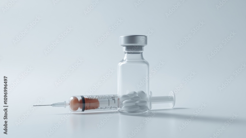 A sterile syringe rests against a glass vial containing pills. This setup represents modern healthcare solutions. It highlights the importance of medication safety. Generative AI A sterile syringe rests against a glass vial containing pills. This setup represents modern healthcare solutions. It highlights the importance of medication safety. Generative AI