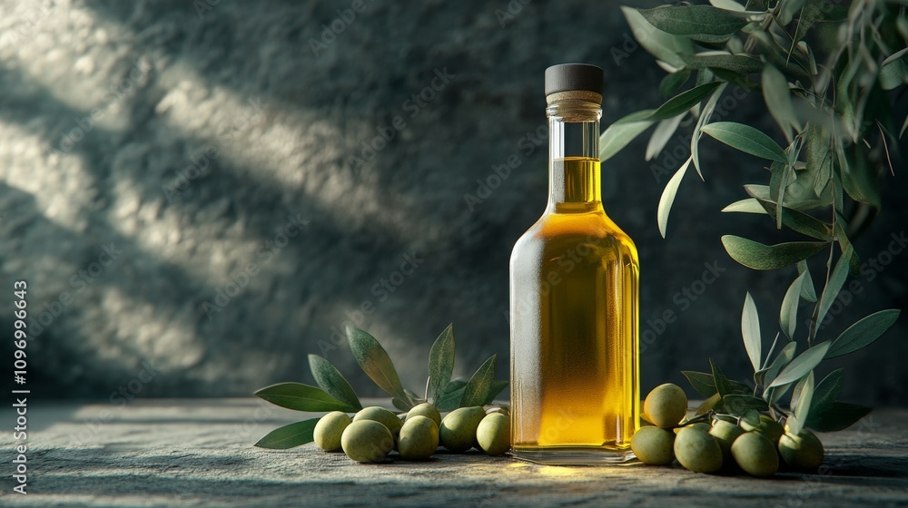Olive Oil Bottle With Fresh Olives And Leaves Olive Oil Bottle With Fresh Olives And Leaves