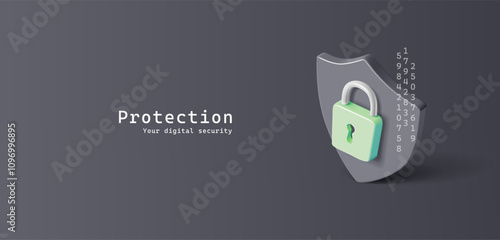 Protection, security banner. Dark shield, green lock, 3D. Realistic image for melon security concepts, cyber security. Vector illustration.