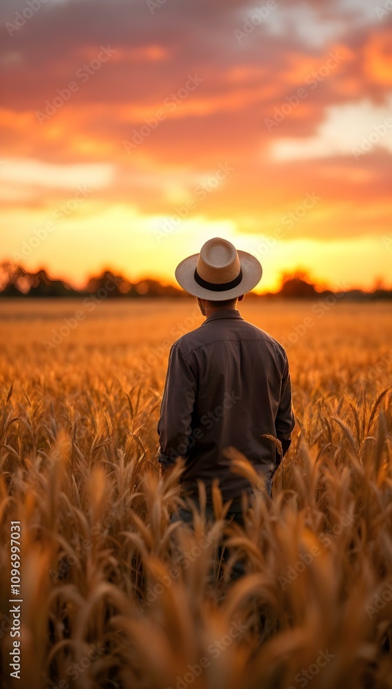rear view of a man in the wheat field farm rear view of a man in the wheat field farm