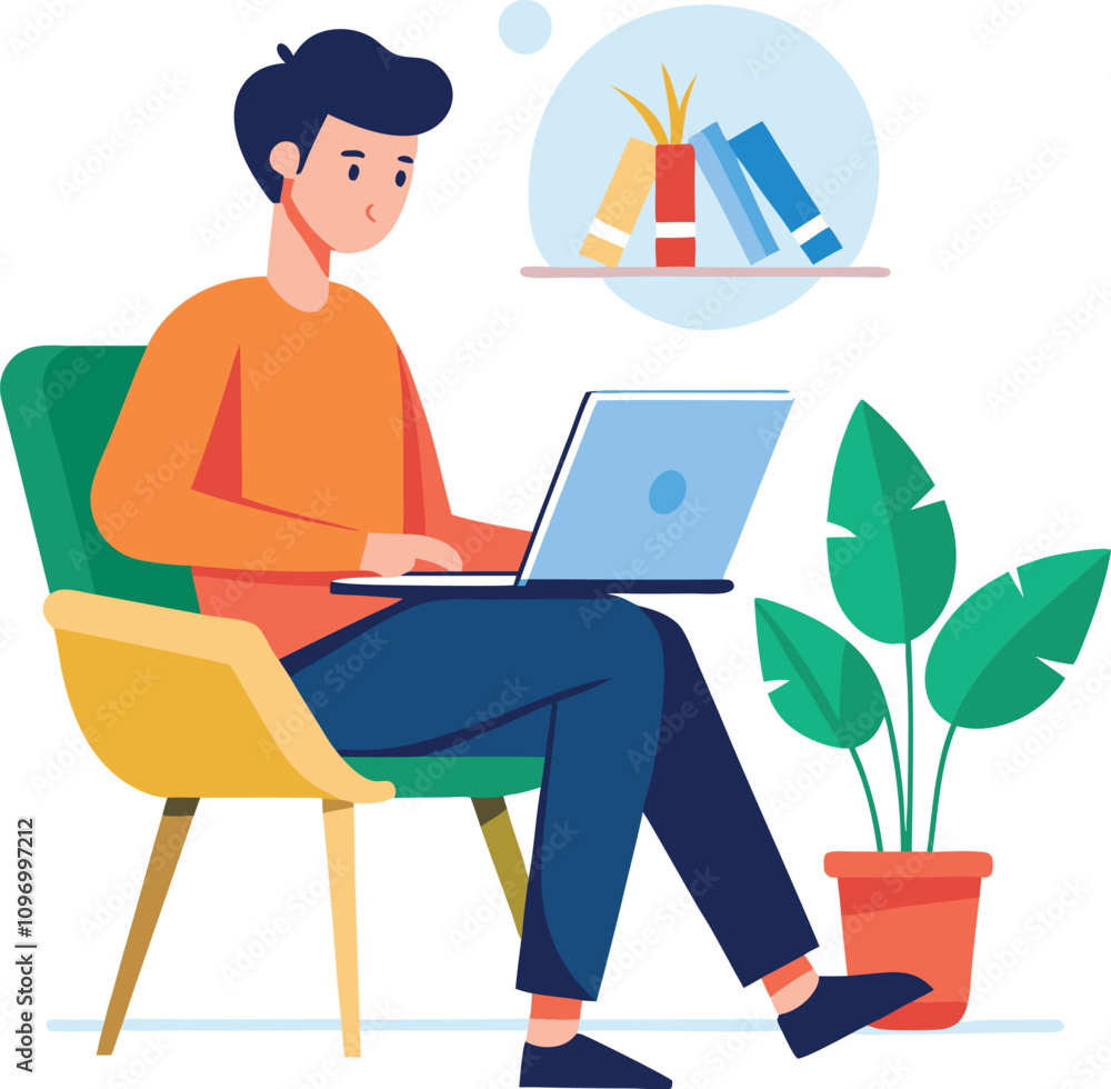 a boy is using his laptop vector a boy is using his laptop vector