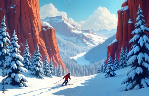 Skier glides down snowy mountain slope. Red rocks frame winter forest. Adventurous athlete enjoys extreme sport. Scenic snowy landscape. Thrilling winter activity. photo